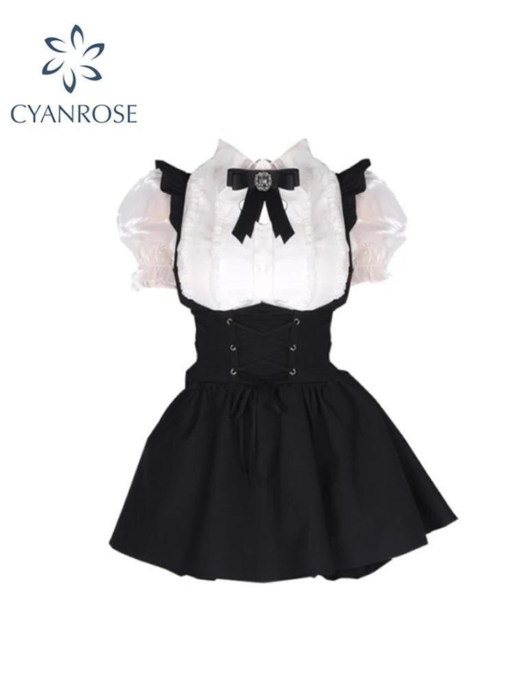 Women Summer Kawaii Two Piece Set Suit Short Sleeve Shirt Blouse Black Gothic A-Line Mini Skirt Y2k Vintage Streetwe